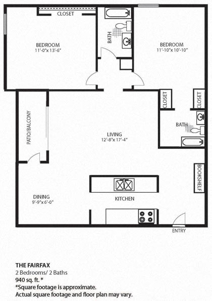 Floor plan for 2 beds, 2 baths, 940 sqft